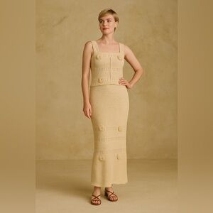 Golden Apricot Bloom Set-Elegant Crochet Beige Maxi Dress